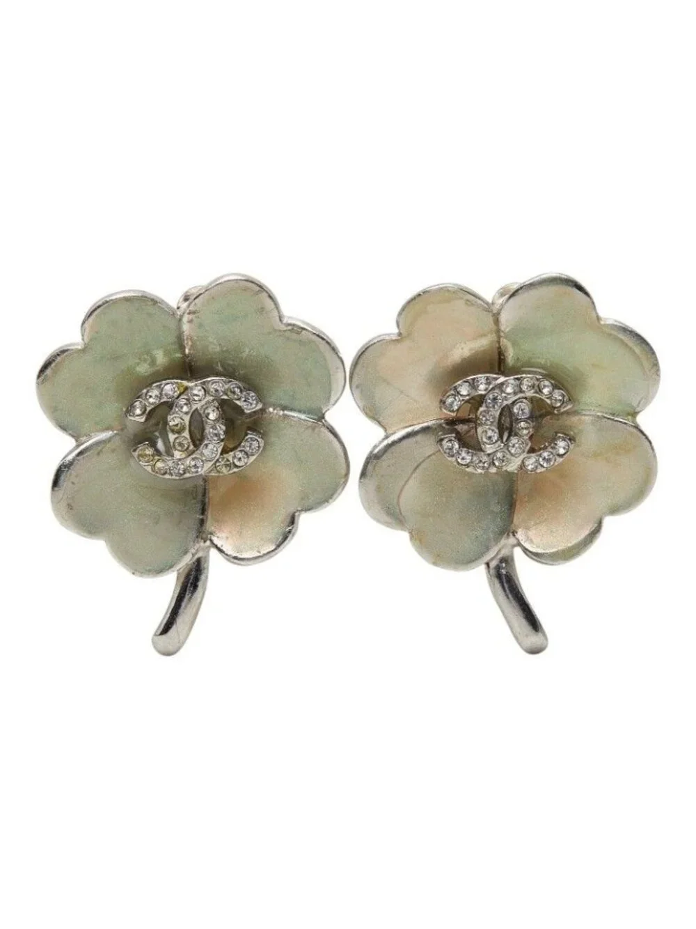 Chanel 04P CC Logo Clover Earrings Metal Rhinestone